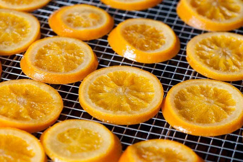 Blanched and drying orange slices.
