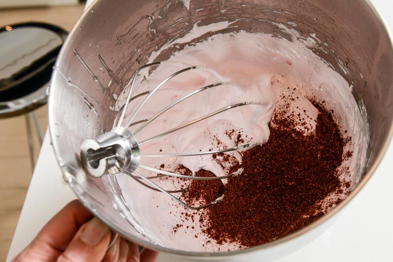 Raspberry powder flavouring the marshmallow batter.