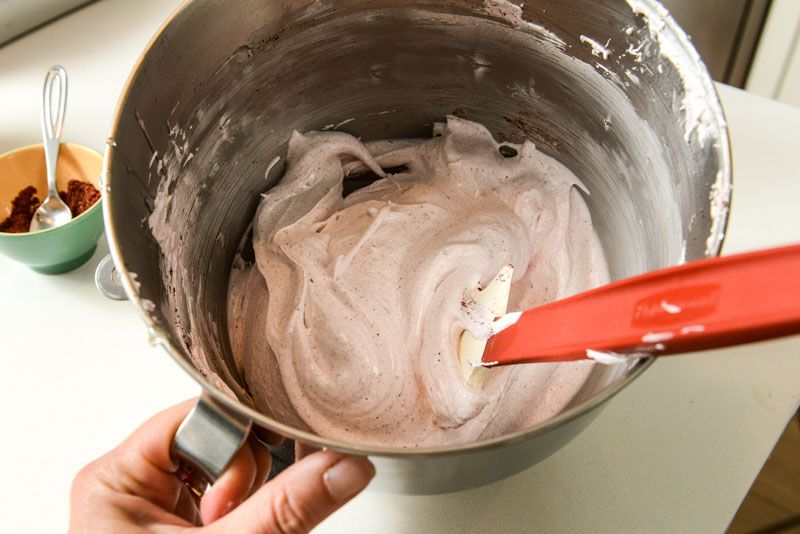 Warm marshmallow batter with raspberry powder.