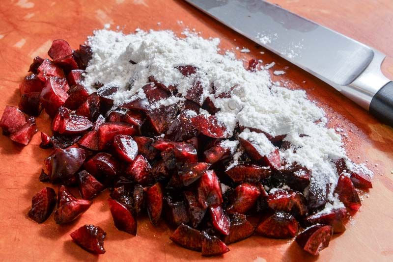 Chopped cherries dusted with flour mixture.