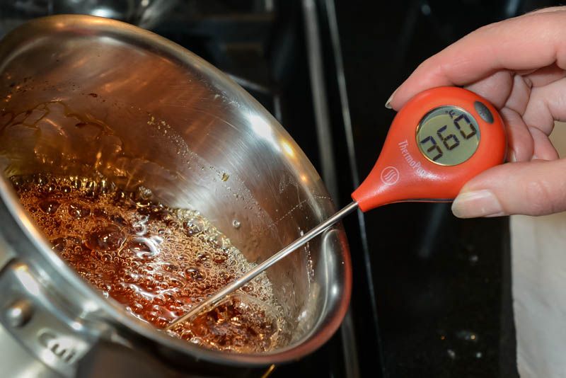 Cooked sugar at the correct temp. Notice the color of the sugar.