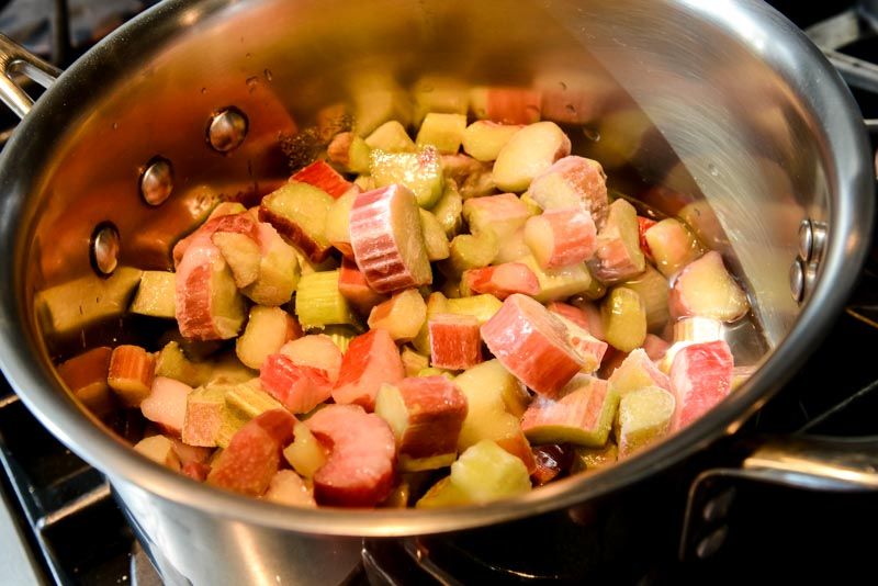 Rhubarb, sugar and water ready for stewing.