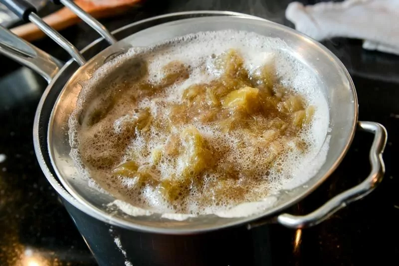 Straining the rhubarb for the syrup.