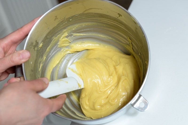 Finished choux pastry batter ready for the piping bag.