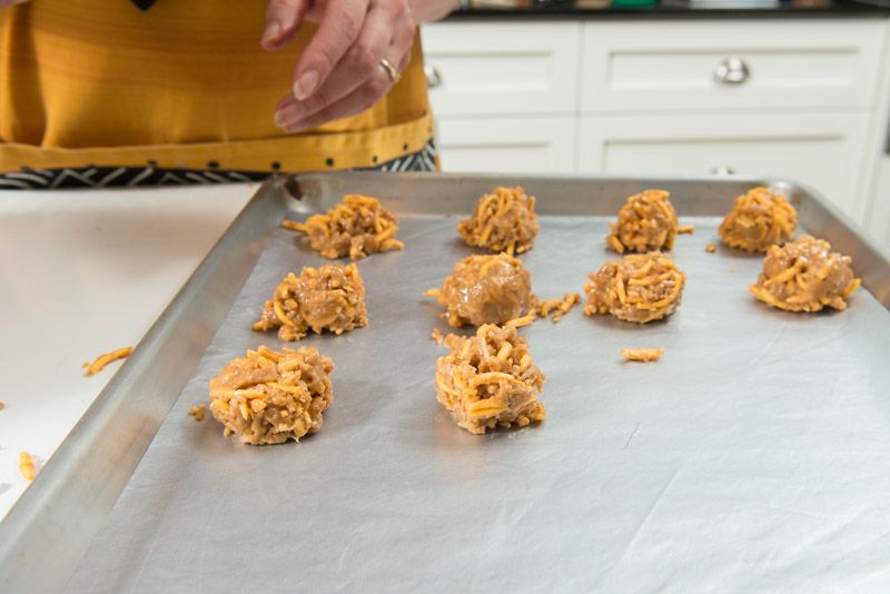 Scoop your haystacks onto a tray to cool. No need to bake.