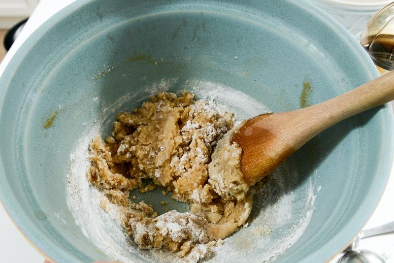 In go the dry ingredients. Now you have cookie dough.