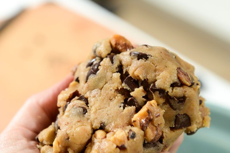 Cookie dough with the chocolate chips and walnuts.