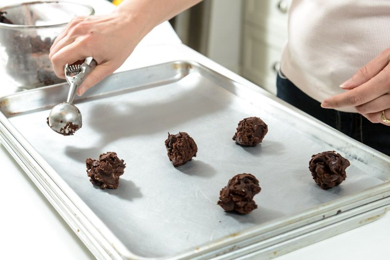 Scoop out the chilled dough onto your prepared tray.