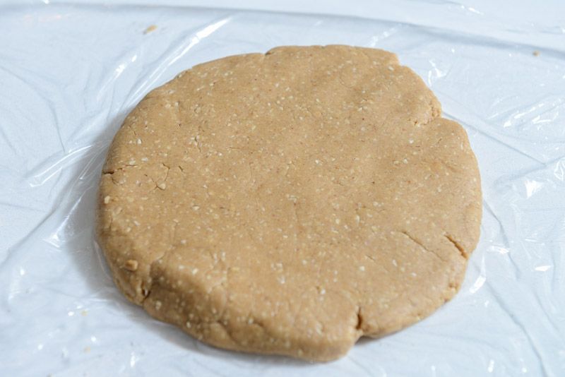 Peanut butter cookie dough made with oats processed in the food processor and all-natural peanut butter.