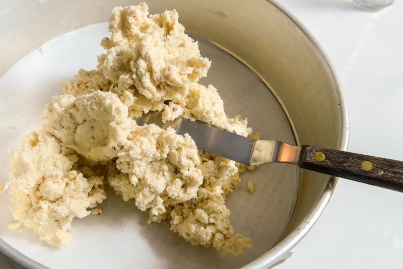 Finished shortbread dough in the prepared pan.