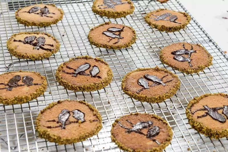 Cooling the chocolate and pistachio.