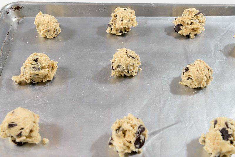 Cookie dough scooped and ready for the oven. Yeah.