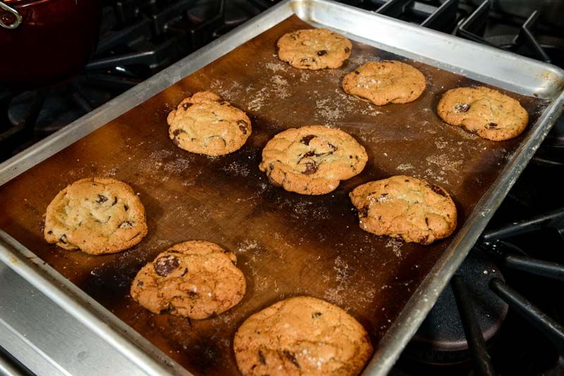 Chocolate chip cookies out of the oven. Sprinkle the salt while they’re still warm.