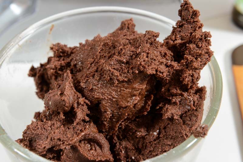 Chocolate crinkle cookie dough freshly mixed.