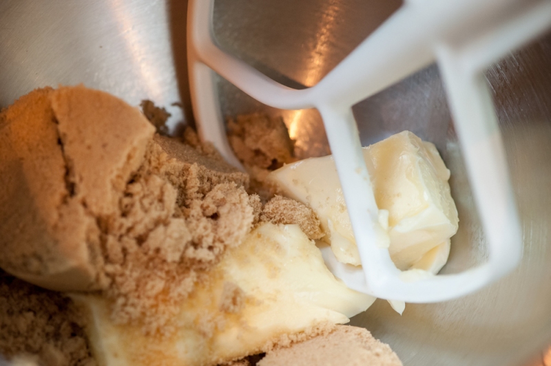 Butter and sugar in the bowl of a stand mixer.