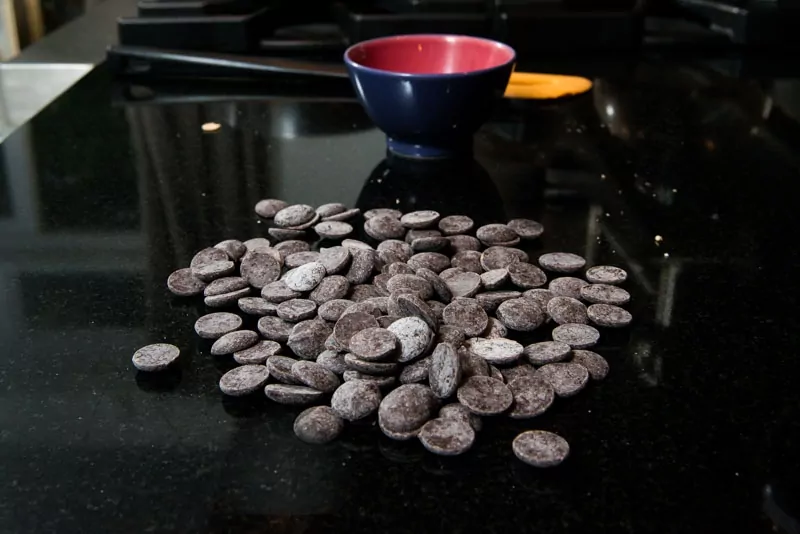 Dark chocolate measured and about to be melted.