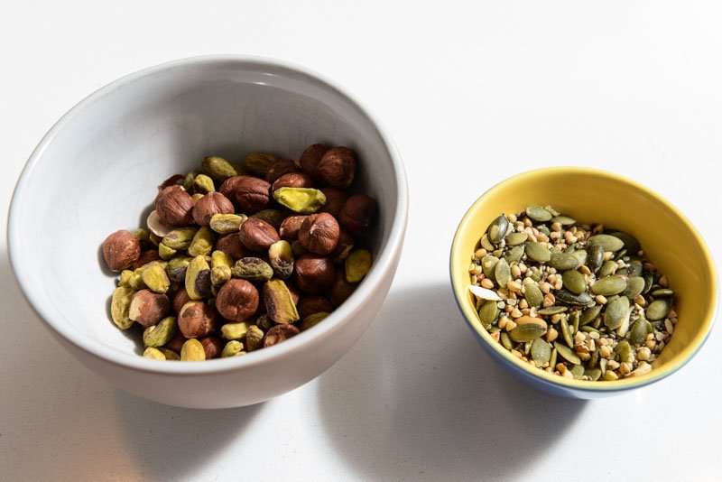 Smoked hazelnuts, pistachios, pumpkin and chia seeds and buckwheat groats.