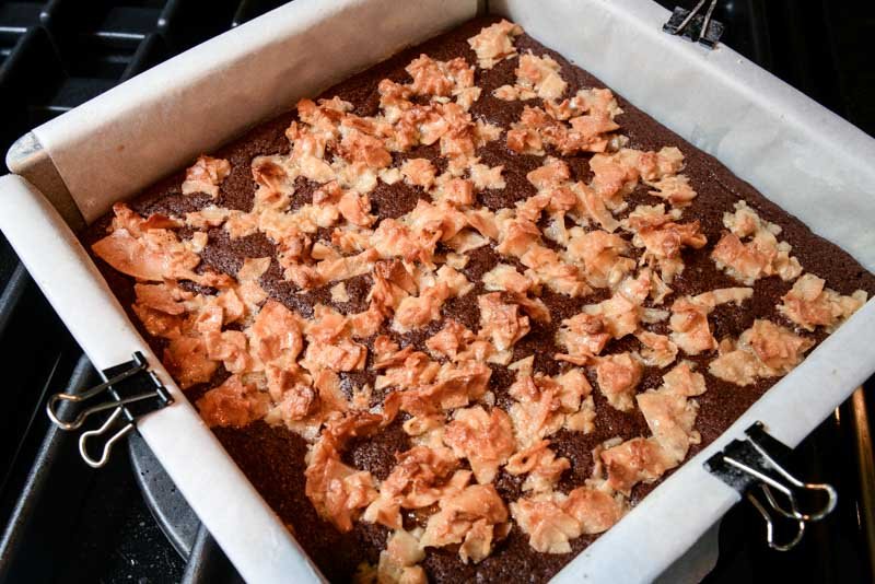 Chocolate brownies out of the oven.