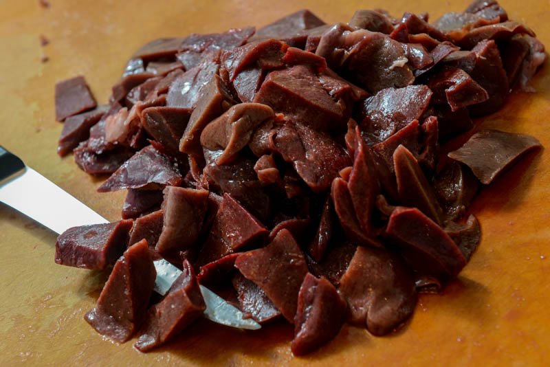 Cut liver or organ meat into 1/2 inch pieces and set aside
