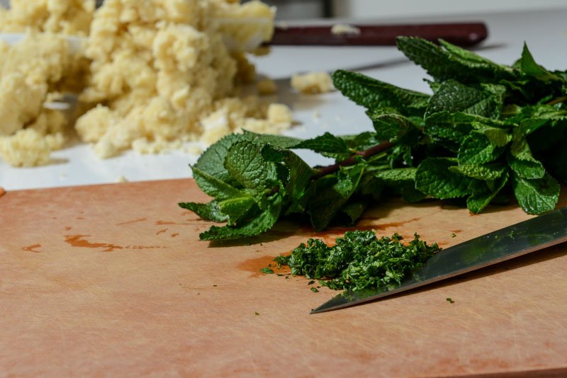 Chopping the mint.