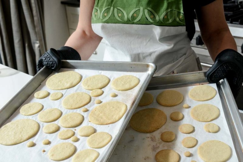 Just out of the oven. Careful not to brown the cookies.