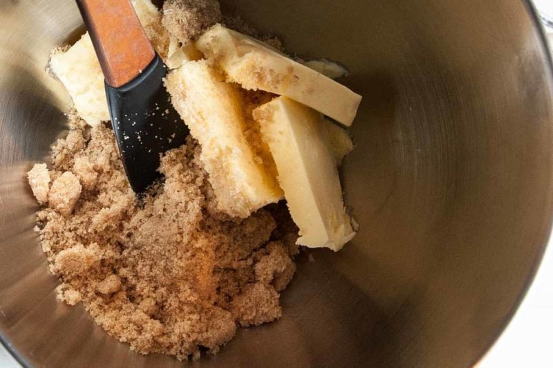 Butter and sugar in the bowl of a mixer