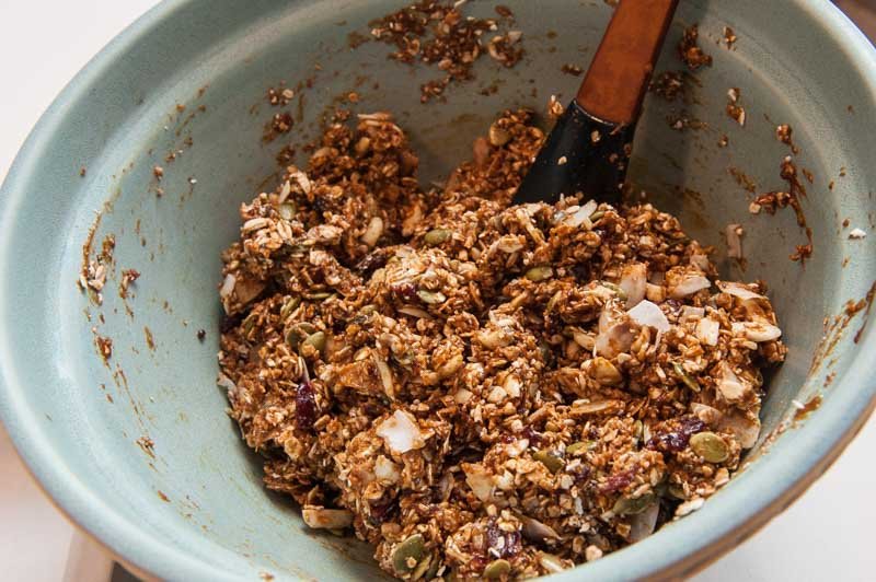 The granola bar mixture ready for the pan.