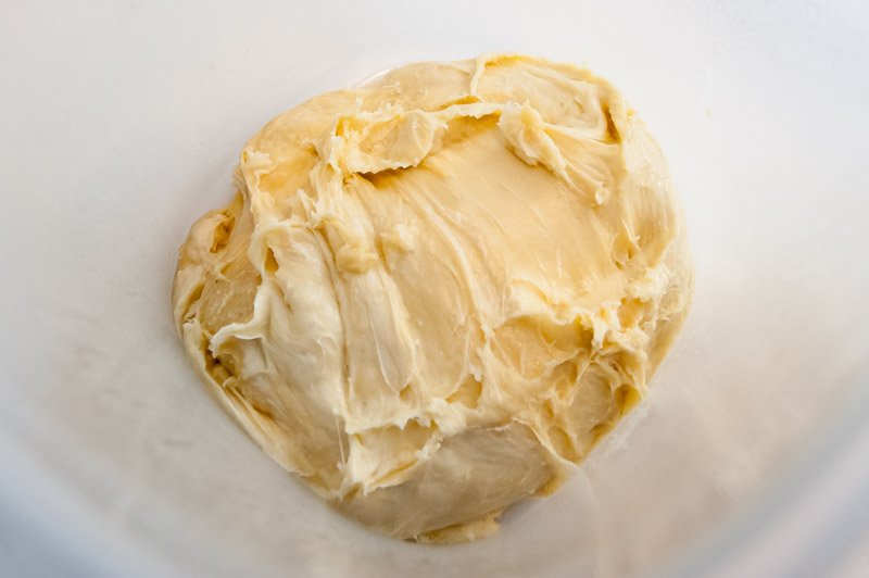 The brioche dough inside the rising container–batch 1.