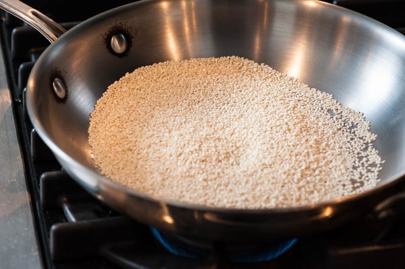 Toasting sesame seeds.