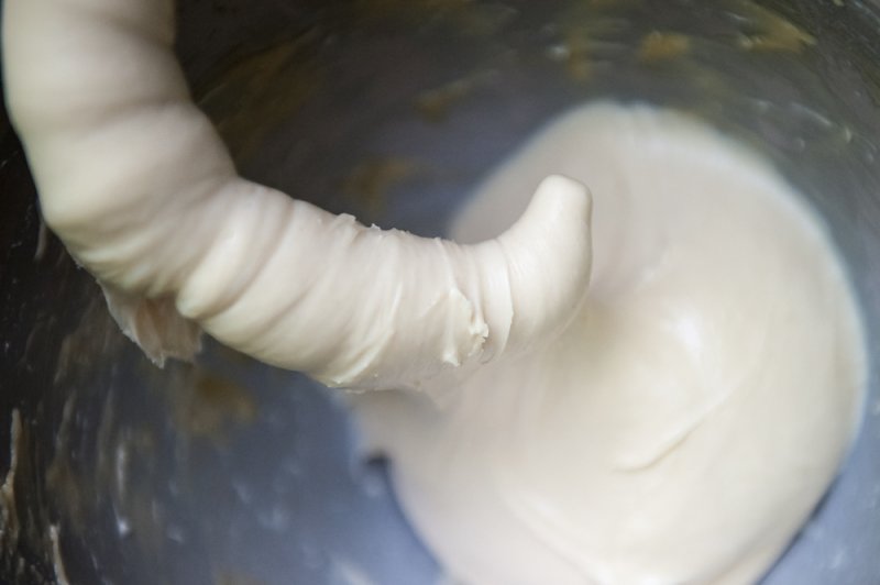 Brioche dough in the mixer.