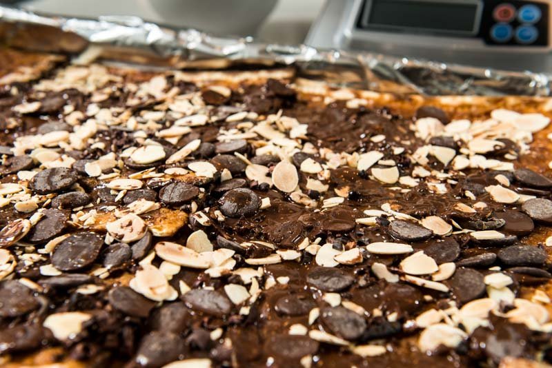 Sprinkle the chocolate, almonds, salt and cocoa nibs over the sugar. 