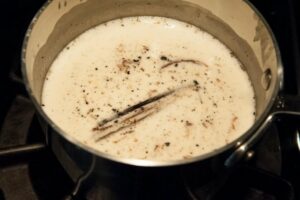 The ingredients in the pan, just coming to a simmer.