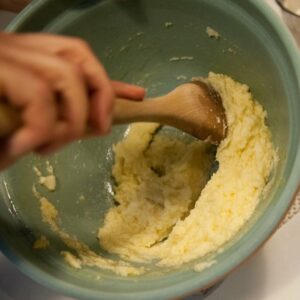 The egg incorporated into the butter and sugar.