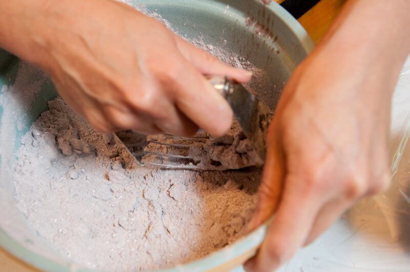 Cutting the butter into the dry ingredients.