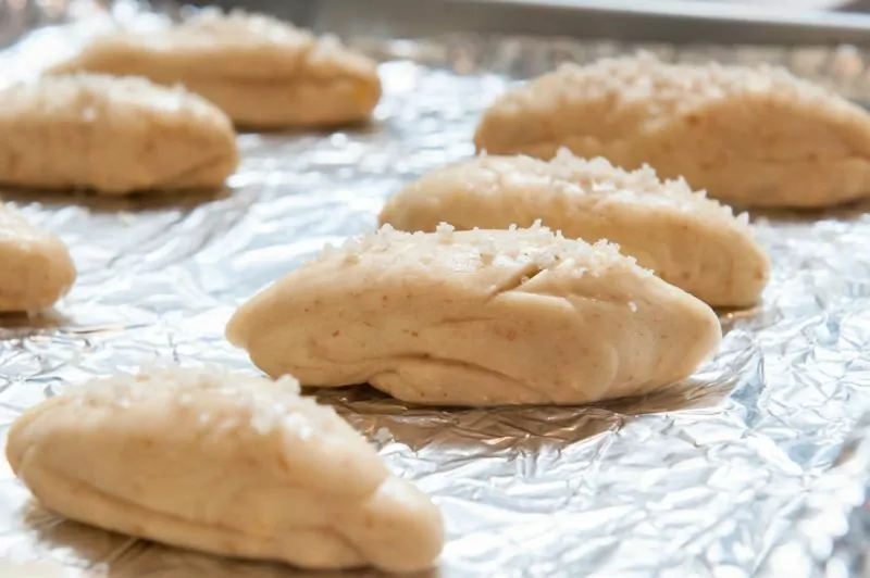 Salted and glazed pretzel breads.