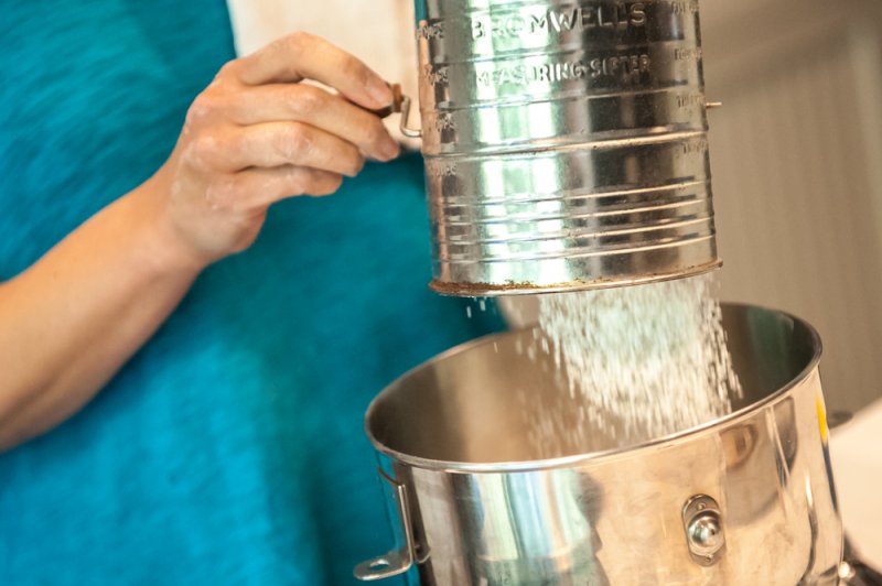 Sifting the flour and other dry ingredients.