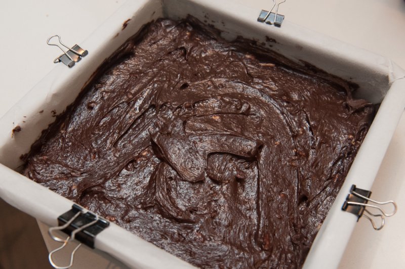 Chocolate brownie batter ready for the oven.