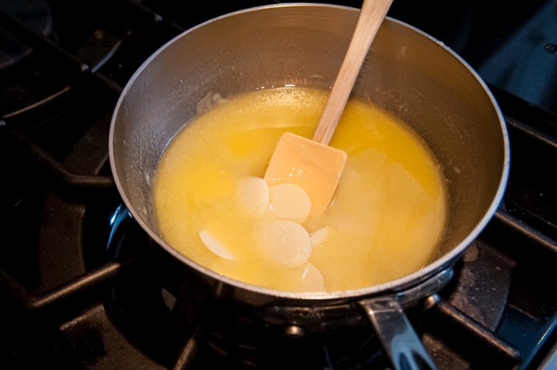 Melting white chocolate into the warm butter.
