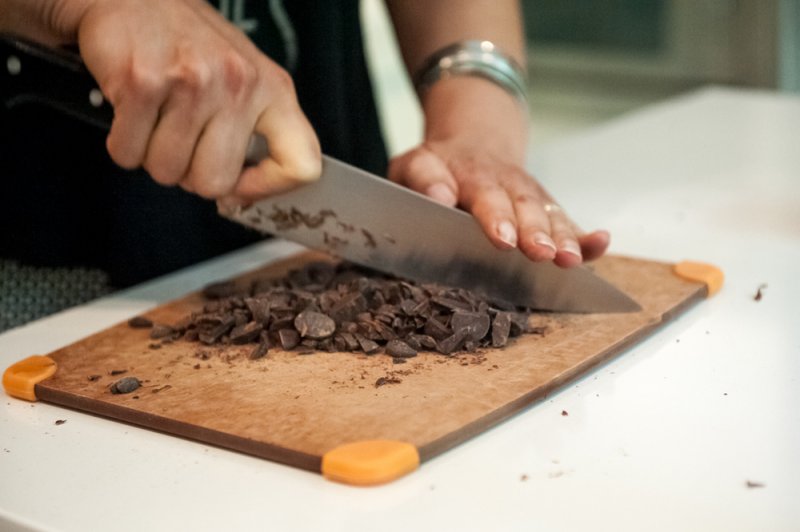 Chopping the chocolate.