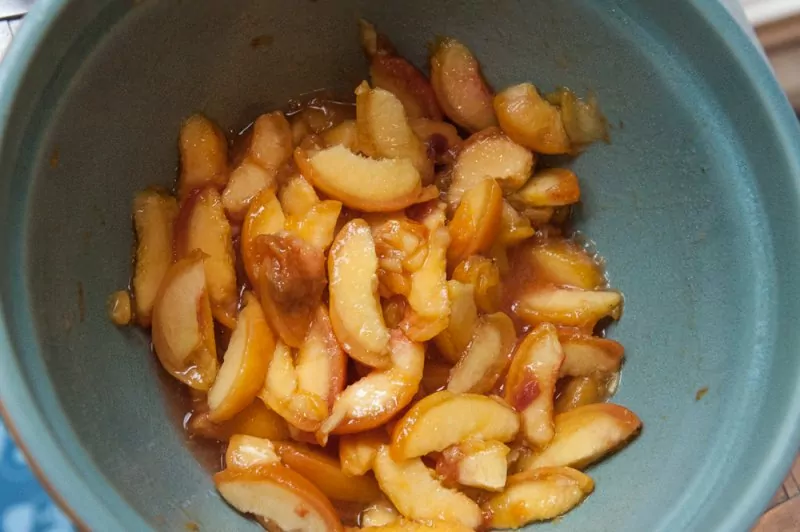 Stoned and cut peaches.