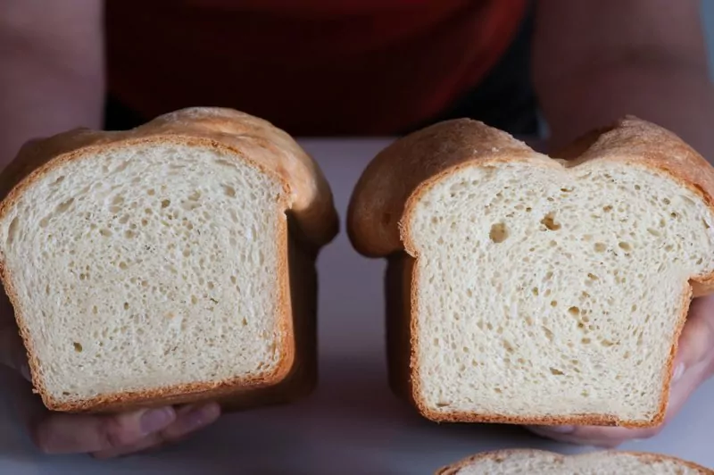 At this point, it’s easy to see which loaf is made with AP flour and which is made with bread flour.