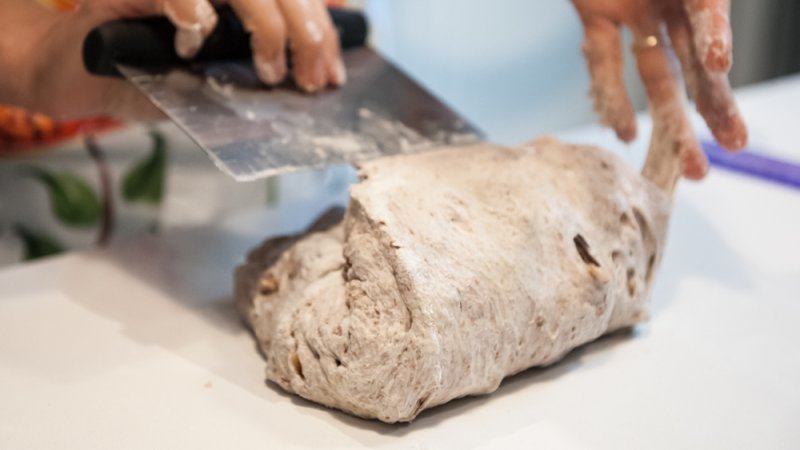 Shaping the dough into a loaf according to the Bread Bible.