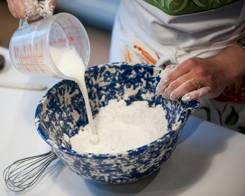 Pour the liquid into the dry ingredients.