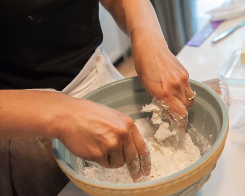 First I rubbed the cream cheese and into the flour mixture with my fingers.