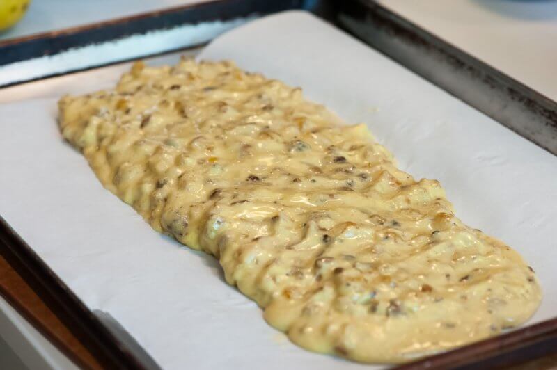 The biscotti dough set on the baking tray.