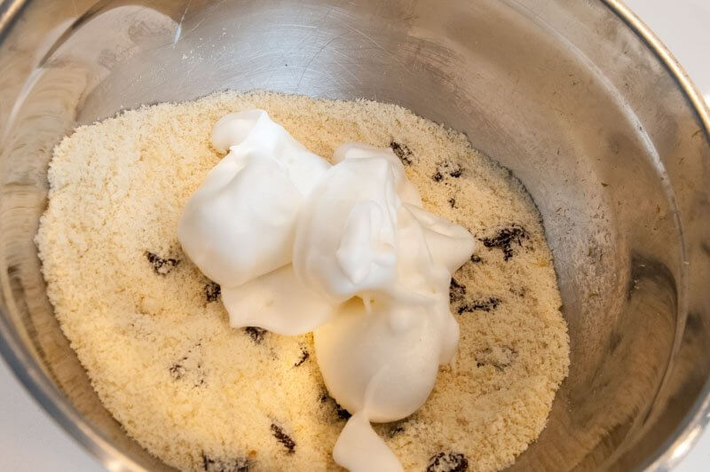 The soft meringue just before it is folded into the almonds.