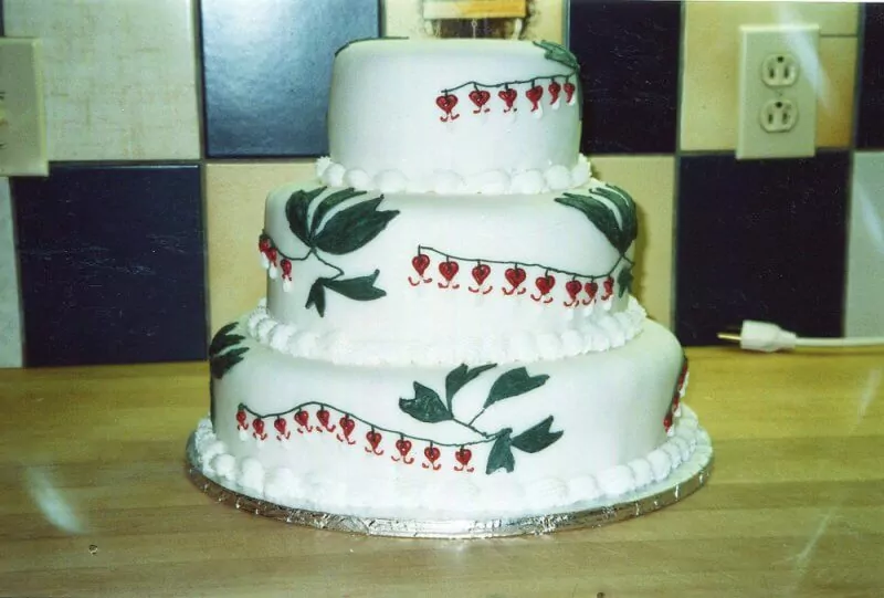 The Bleeding Heart Wedding Cake from The Cake Bible that I made for a garden wedding, circa 1999.