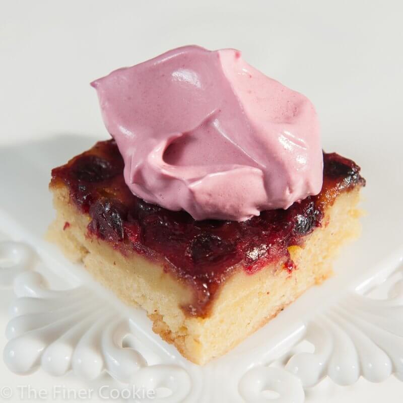Cran-Raspberry Upside Down Cake, The Finer Cookie.