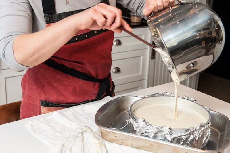 Pouring the batter into the 9″ springform pan. See how liquid the batter is.