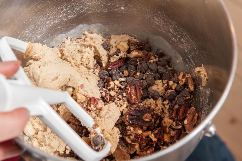 Adding the chocolate and nuts.